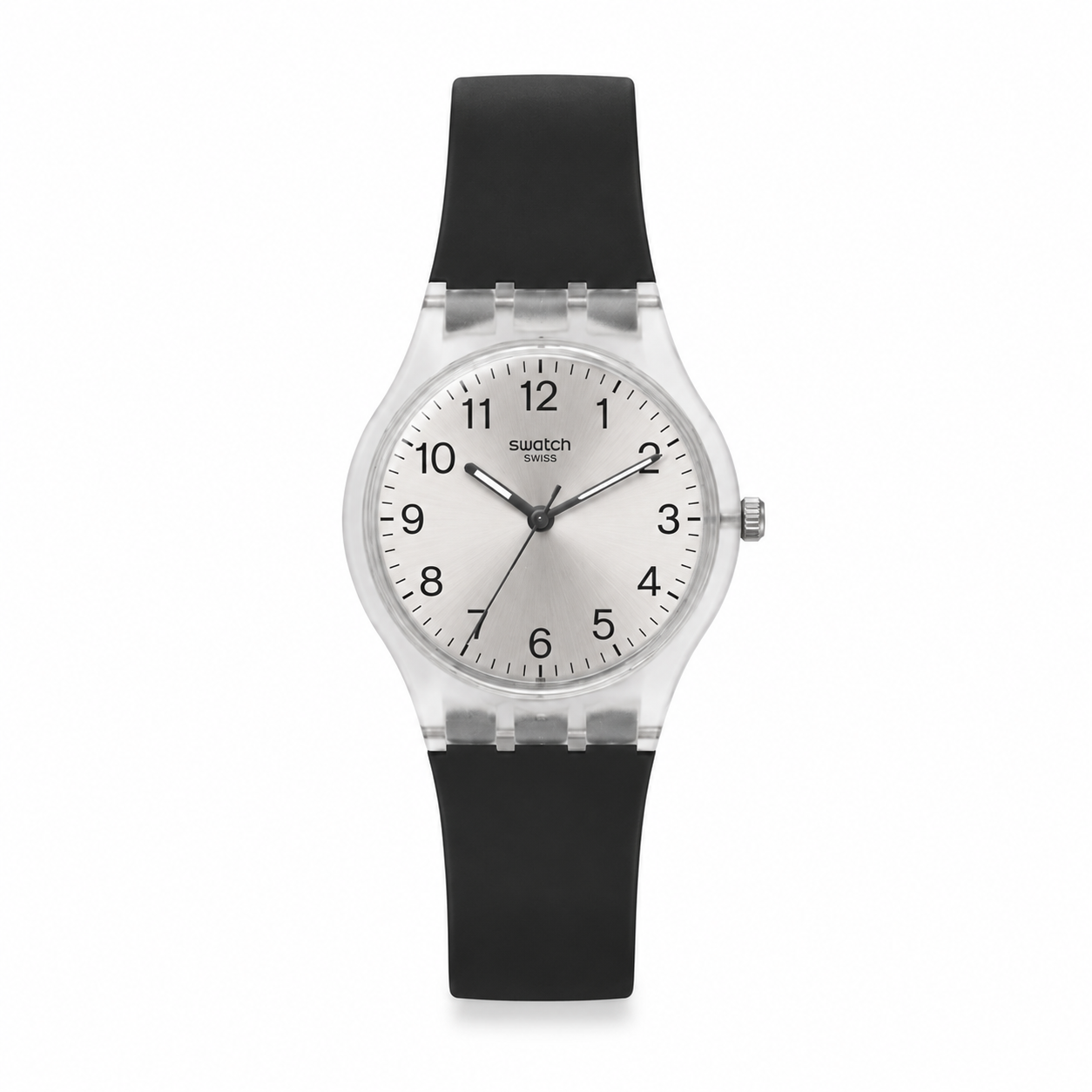 Montre Swatch Unisexe Transparente à Cadran Argenté – Bracelet Noir