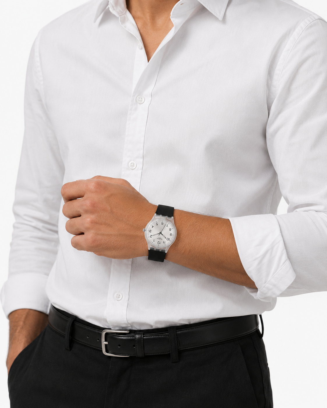 Montre Swatch Unisexe Transparente à Cadran Argenté – Bracelet Noir
