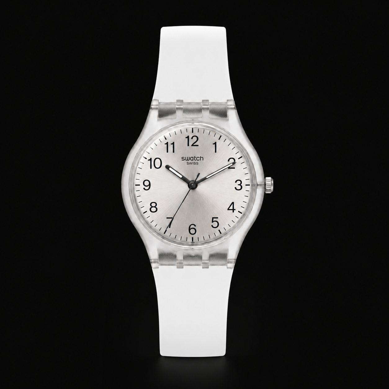 Montre Swatch Unisexe Transparente à Cadran Argenté – Bracelet Noir