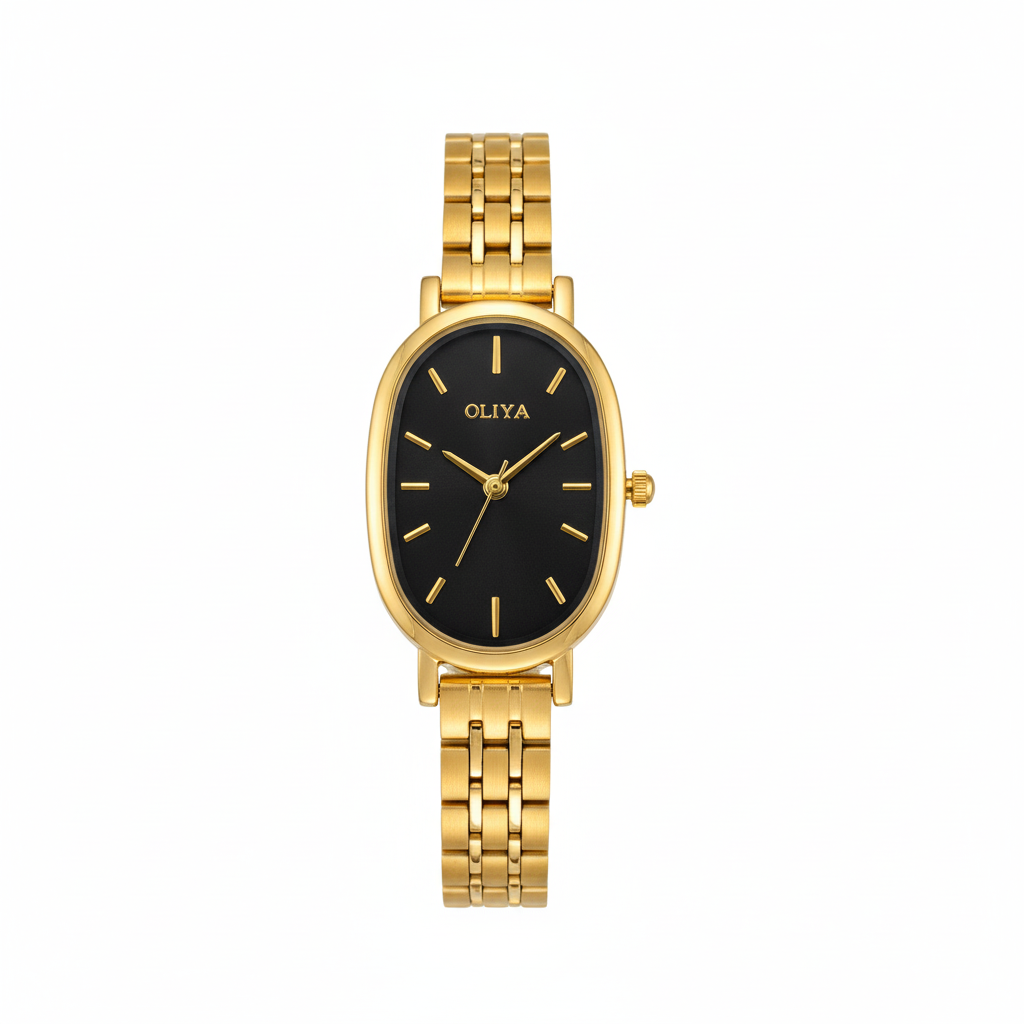 Montre OLIYA Ovale Dorée – Élégance Intemporelle au Cadran Noir Profond