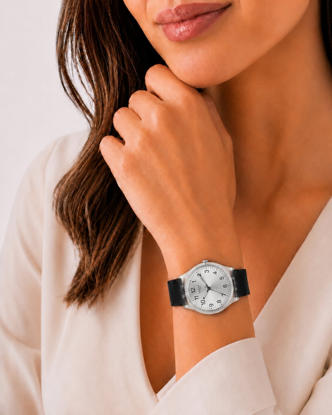 Montre Swatch Unisexe Transparente à Cadran Argenté – Bracelet Noir